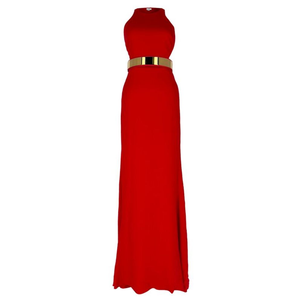 Stella Mccartney Belted Halterneck Maxi Dress in Red Rayon